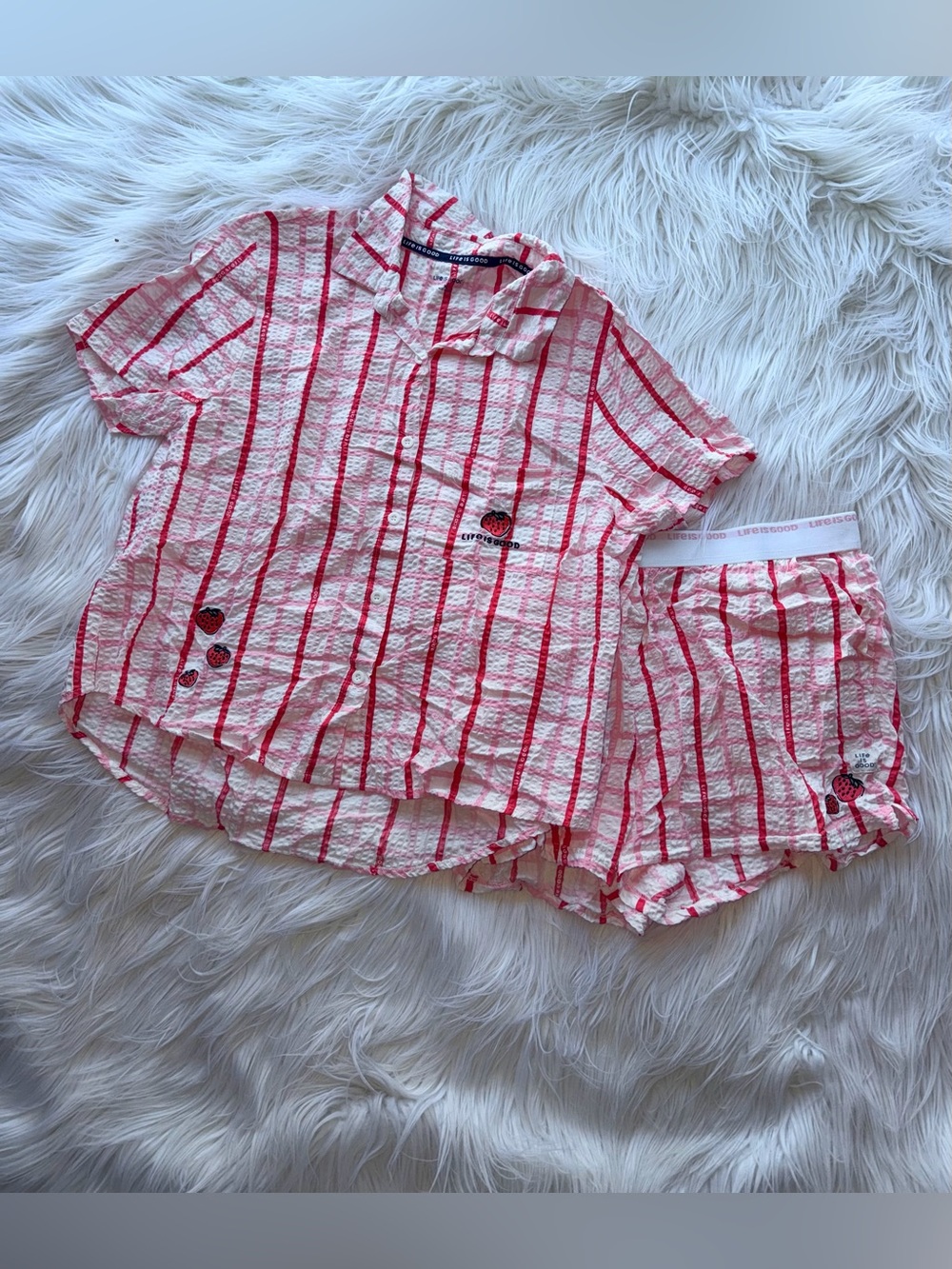 Life Is Good Women’s XL Seersucker Pink Plaid Short-Sleeve Pajama Set